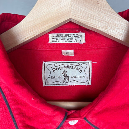 Polo Western Ralph Lauren 1980s Cowboy Pearl Snap Red Cotton XL Button Up Shirt