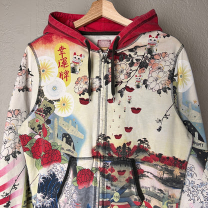 Vintage Japanese Art Lucky Brand Rare AOP Large Zip Up Y2K Hoodie