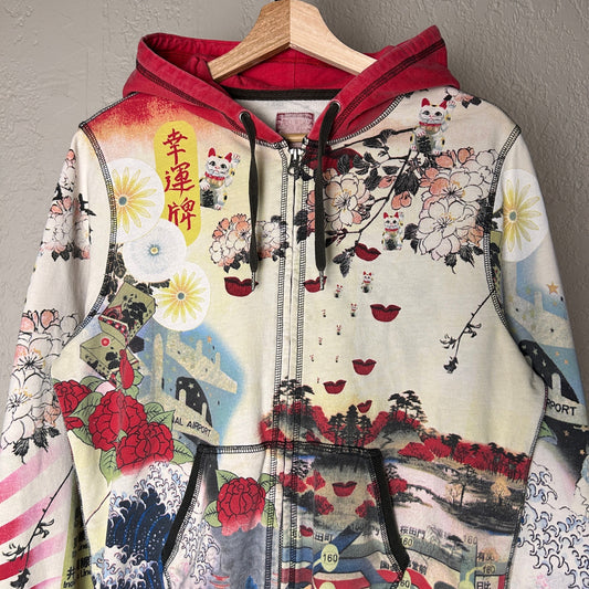 Vintage Japanese Art Lucky Brand Rare AOP Large Zip Up Y2K Hoodie
