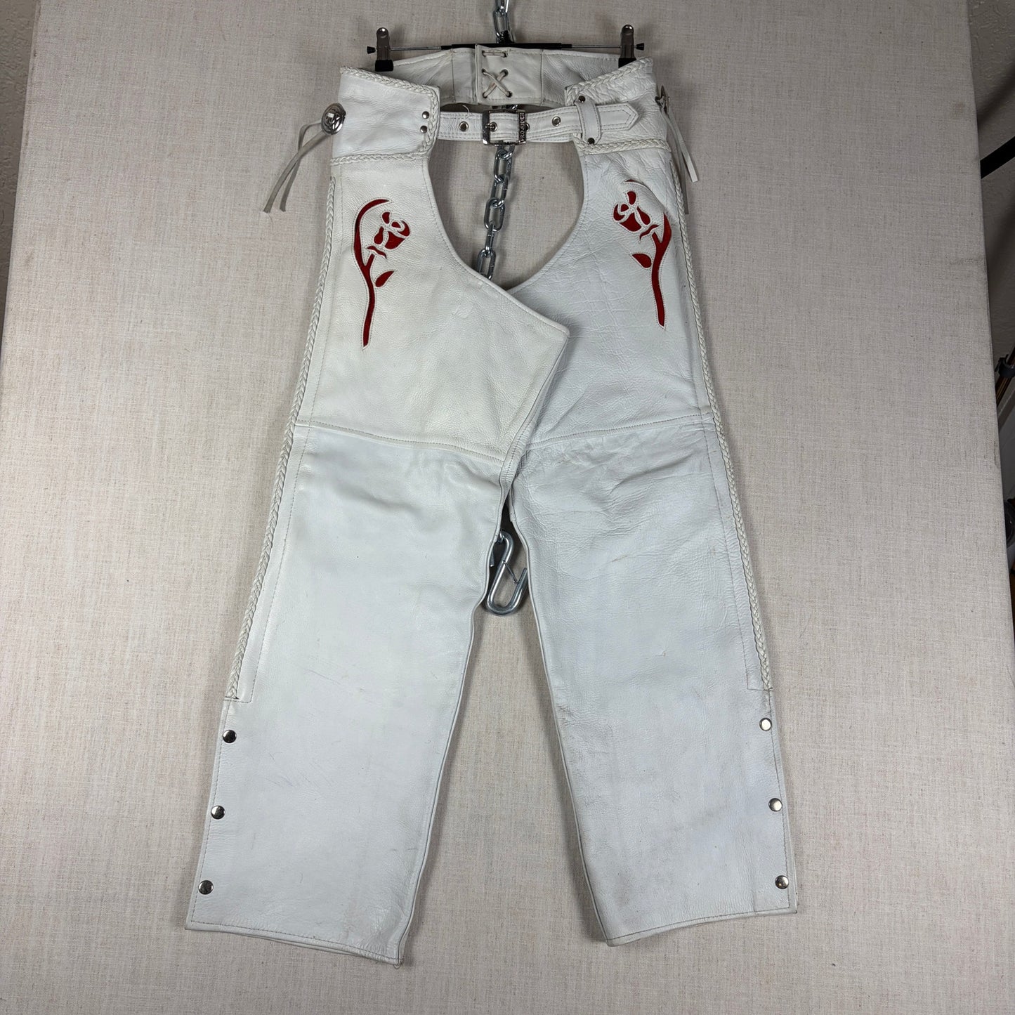 Pro Rider Premium Leather RARE Chaps + Vest Fringe Suede Rose Sz M/L White Set