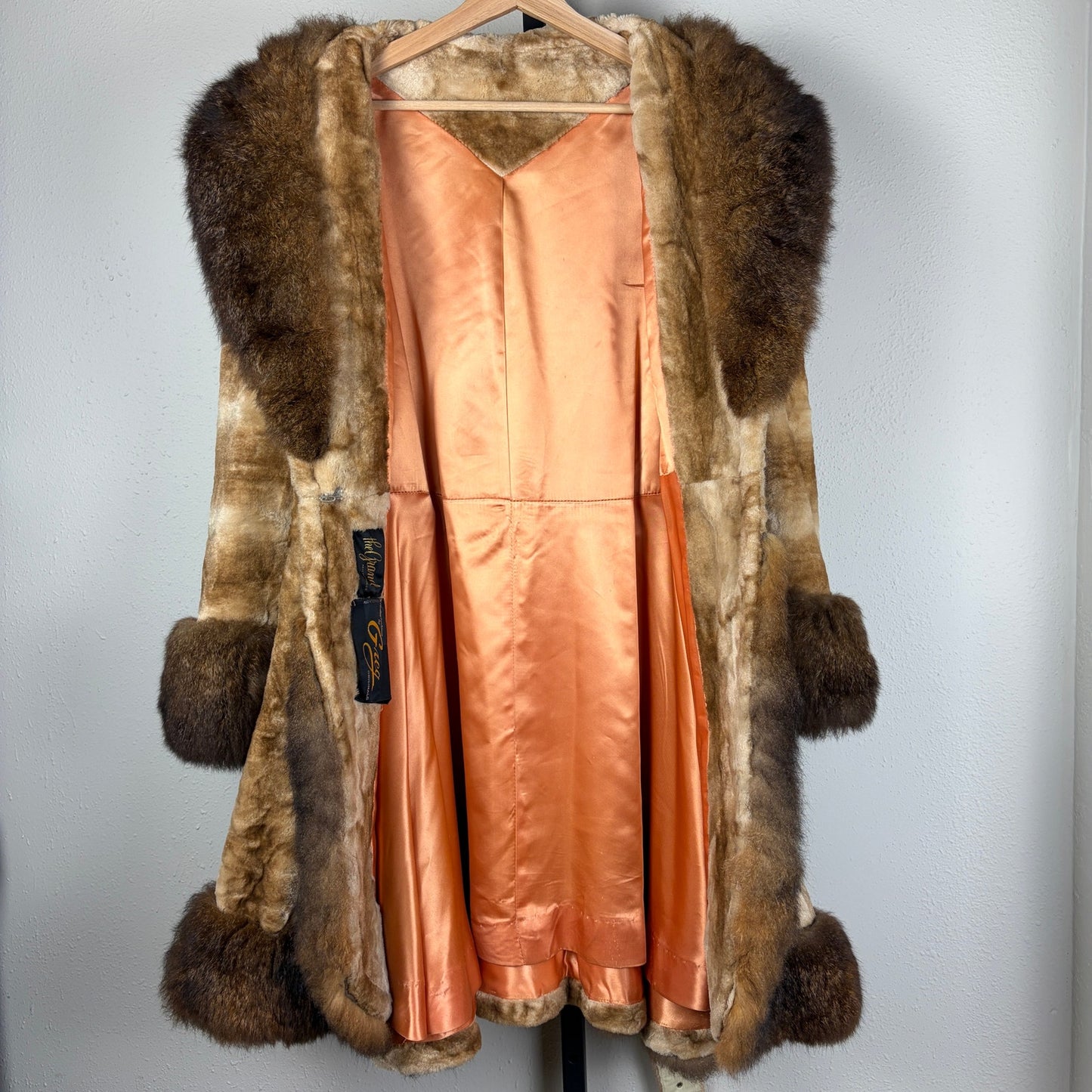 VTG 1970s Penny Lane Greg Originals Fur Lined Orange Satin Med/Lrg Princess Coat