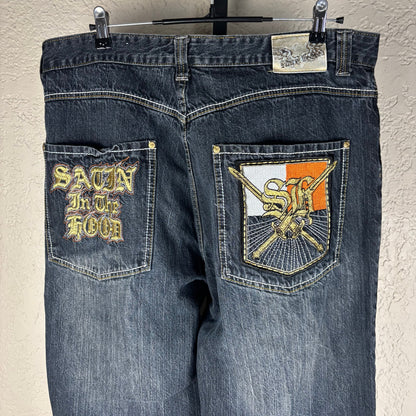 Ed Hardy Style Satin in the Hood Y2K Brand Baggy Embroidered Sz 40 Jeans