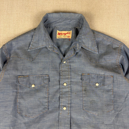 Vintage Wrangler Sanforized Pearl Snap XLong Tail Sz 15-33 Western Chambray