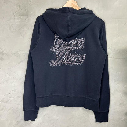 Large Y2K Guess Jeans Rhinestone Bedazzled Zip Up Sweater