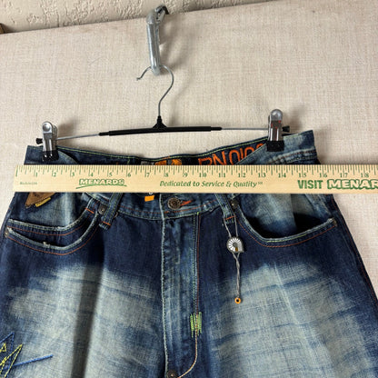 Y2K Akademiks Crazy Embroidered Patchwork Sz 34 Two Tone Baggy Jeans