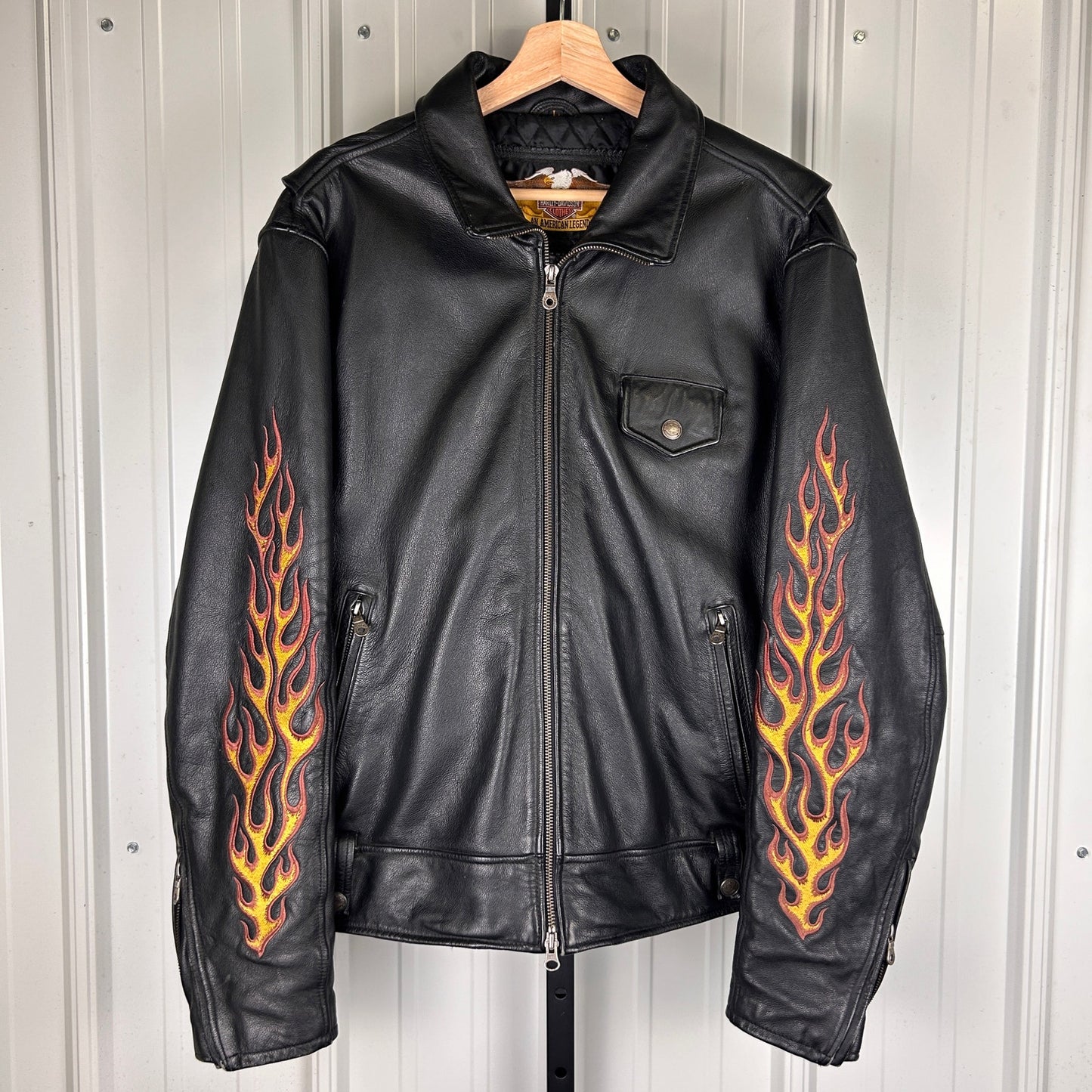 Harley Davidson Embroidered Flame Sleeves Ride Free Large Leather Jacket