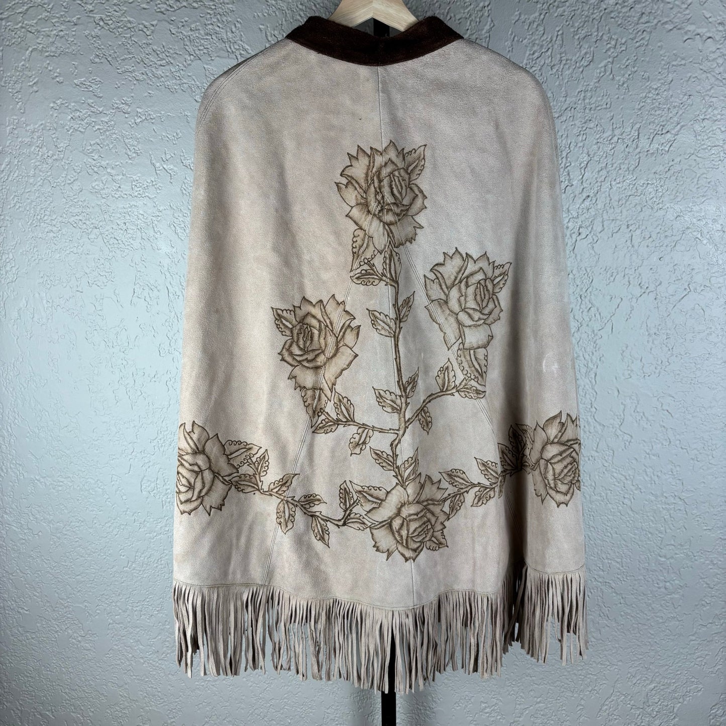 Vintage Suede Leather Rose Art Pyrography Poncho Cape With Fringe Med-Lrg
