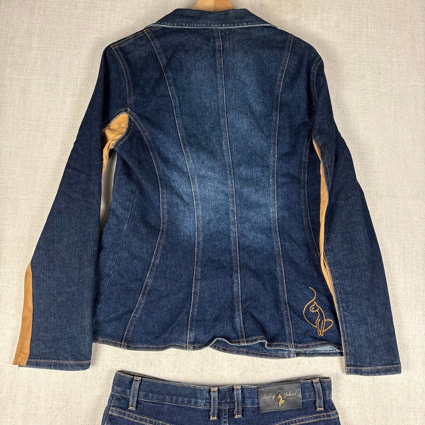Baby Phat Y2K Denim Suede 2pc Skirt Jacket Matching Set Sz XL