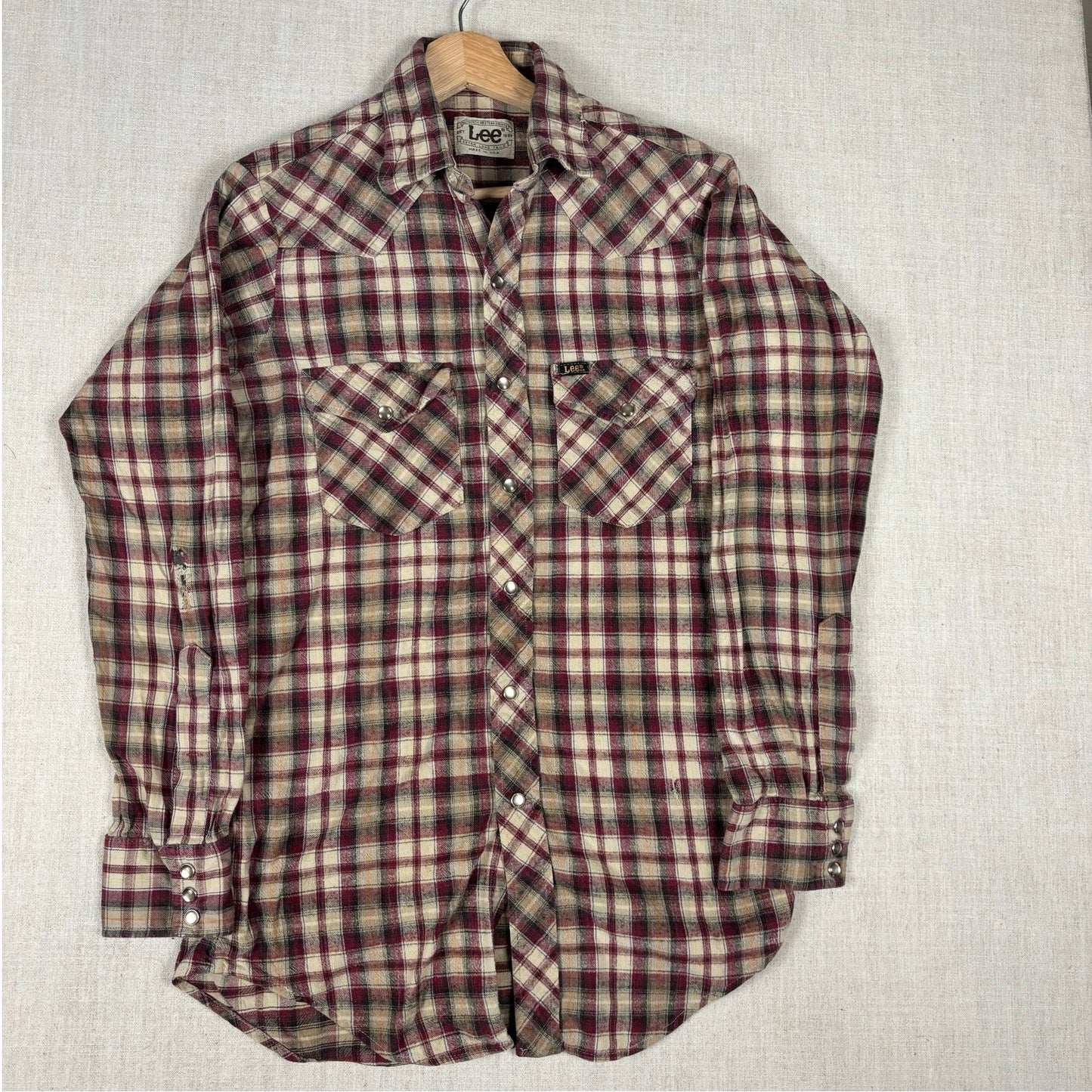 Vintage Lee Western Pearl Snap 70s Extra Long Tail Medium Distressed Plaid Shirt