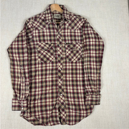 Vintage Lee Western Pearl Snap 70s Extra Long Tail Medium Distressed Plaid Shirt