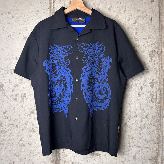 Casino Wear Dragon Tribal Flames Large Y2K Button Up Shirt
