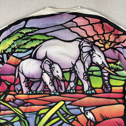 Vintage Liquid Blue Elephant Stained Glass 1993 Mosaic Art Tee XL Shirt