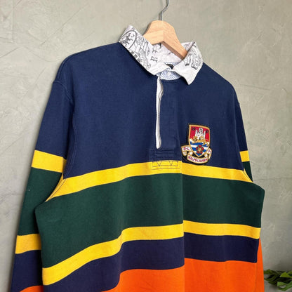 Polo Ralph Lauren RL 4 Color Block Striped Castle Lion Patch Large Rugby Shirt