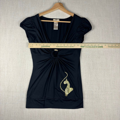 Baby Phat Y2K Rhinestone Gold Keyhole Ring Detail Stretch Blouse XL