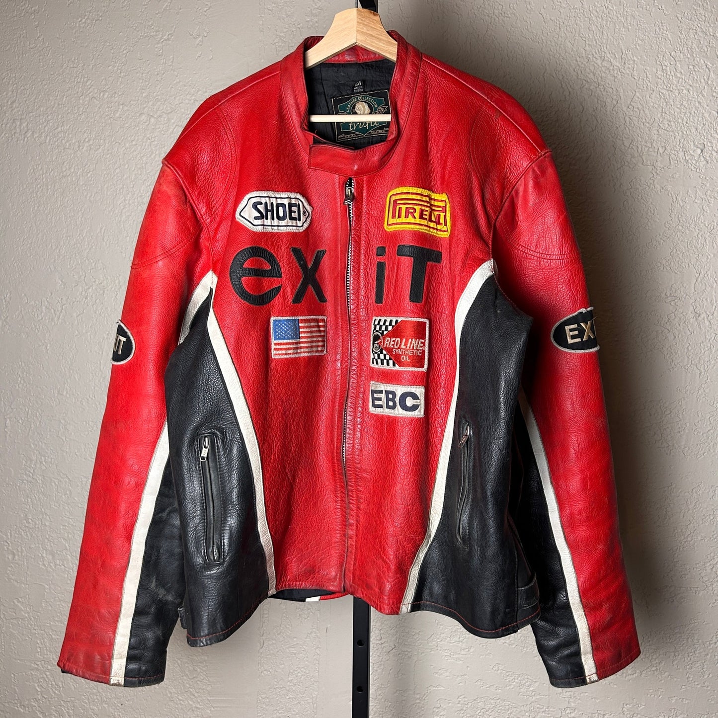 Vintage Pirelli Exit 7 Size 54 XXL Tru Fit Real Leather Red Racing Jacket