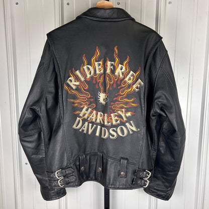 Harley Davidson Embroidered Flame Sleeves Ride Free Large Leather Jacket