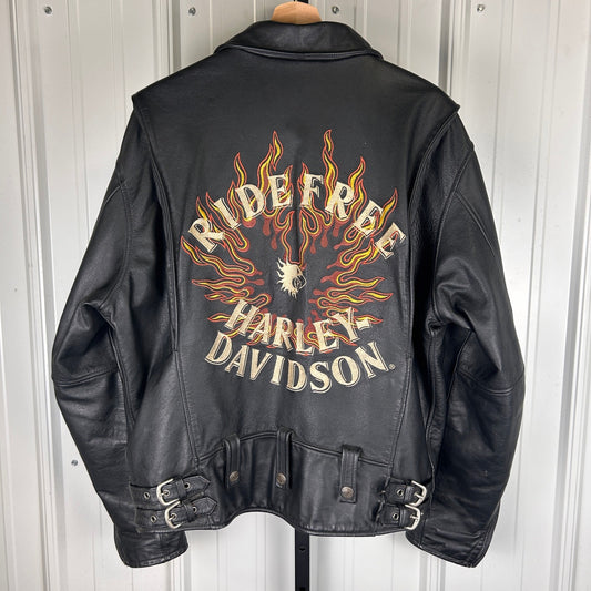 Harley Davidson Embroidered Flame Sleeves Ride Free Large Leather Jacket