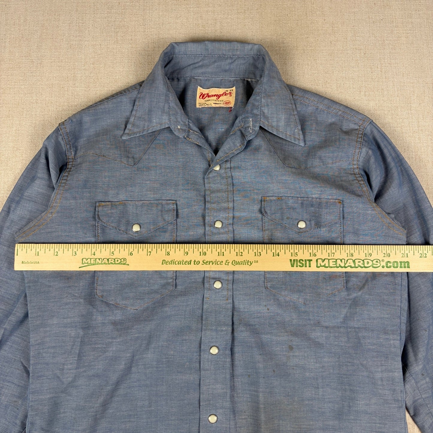 Vintage Wrangler Sanforized Pearl Snap XLong Tail Sz 15-33 Western Chambray