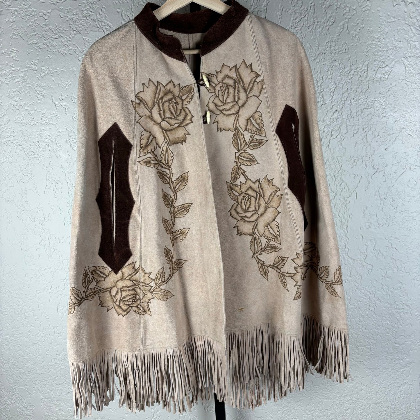 Vintage Suede Leather Rose Art Pyrography Poncho Cape With Fringe Med-Lrg