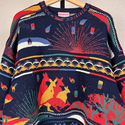 Meeroo Coogi Style Vintage 3D Cable Knit Crazy Large Kangaroo Sweater