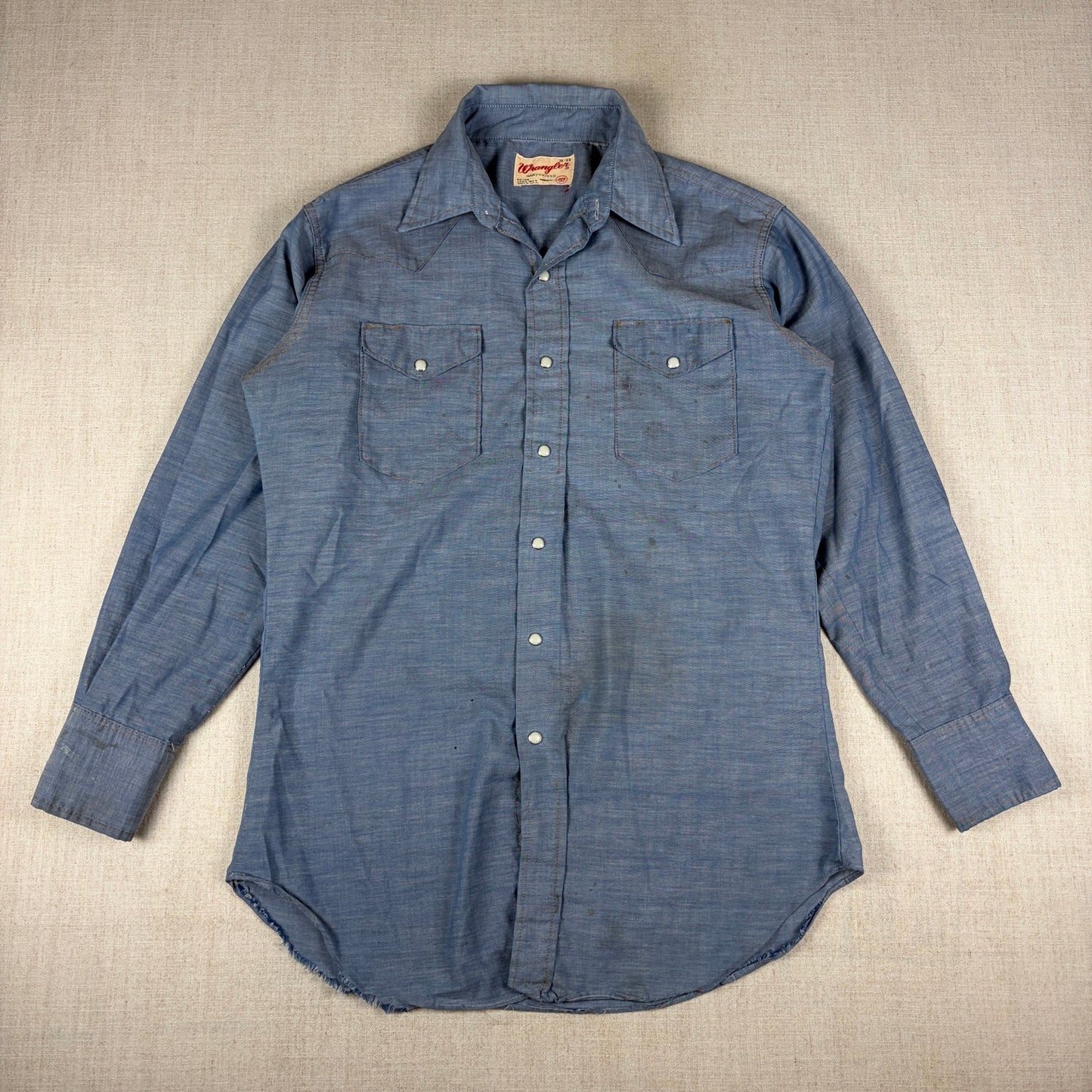 Vintage Wrangler Sanforized Pearl Snap XLong Tail Sz 15-33 Western Chambray