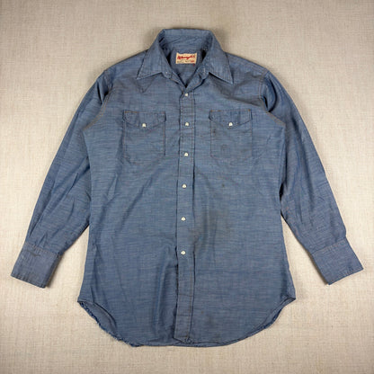 Vintage Wrangler Sanforized Pearl Snap XLong Tail Sz 15-33 Western Chambray