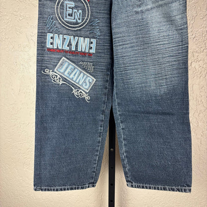 NWT Enzyme Jeans Co Y2K Sz 12 Embroidered Wide Leg Skater Jeans