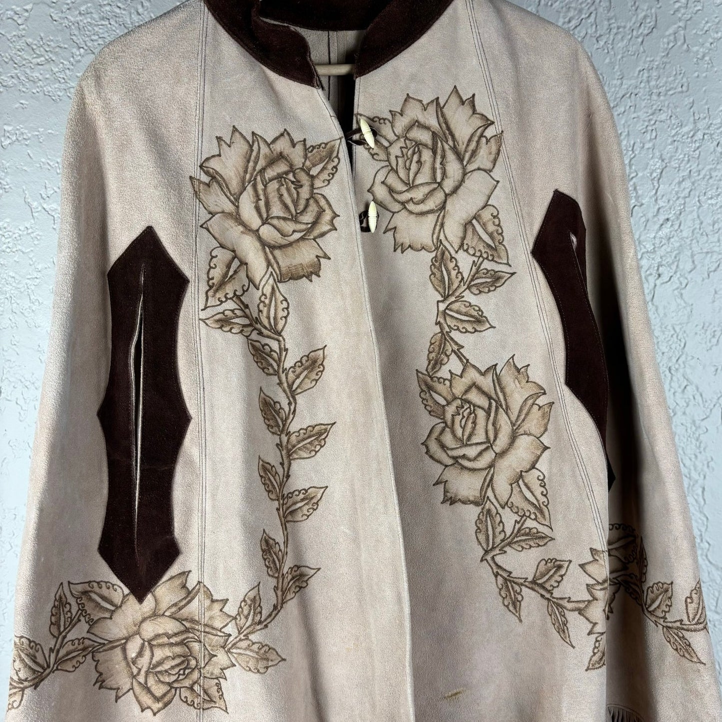 Vintage Suede Leather Rose Art Pyrography Poncho Cape With Fringe Med-Lrg