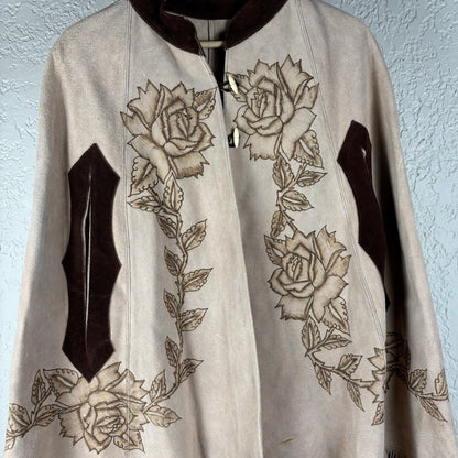 Vintage Suede Leather Rose Art Pyrography Poncho Cape With Fringe Med-Lrg