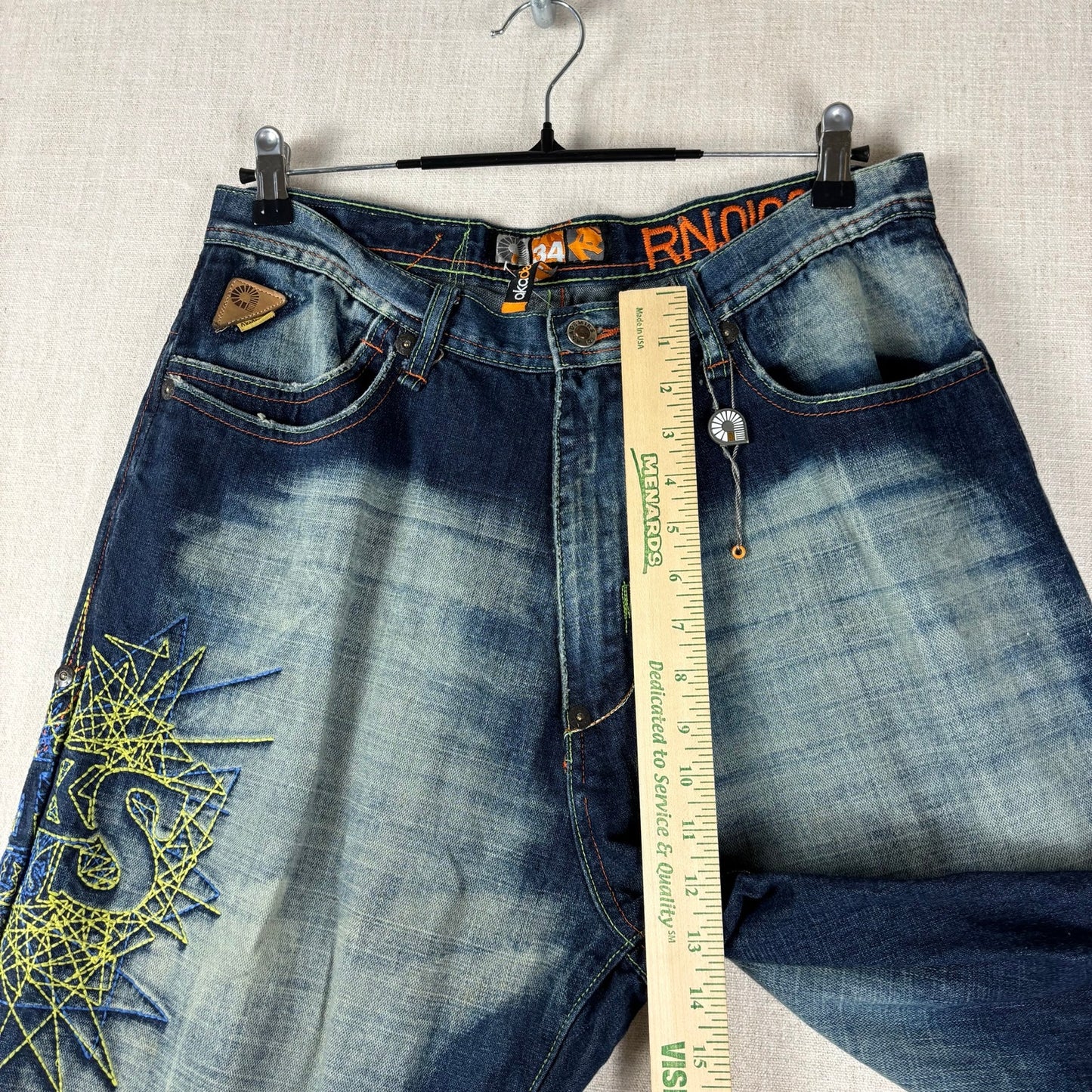 Y2K Akademiks Crazy Embroidered Patchwork Sz 34 Two Tone Baggy Jeans