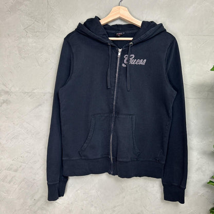 Large Y2K Guess Jeans Rhinestone Bedazzled Zip Up Sweater