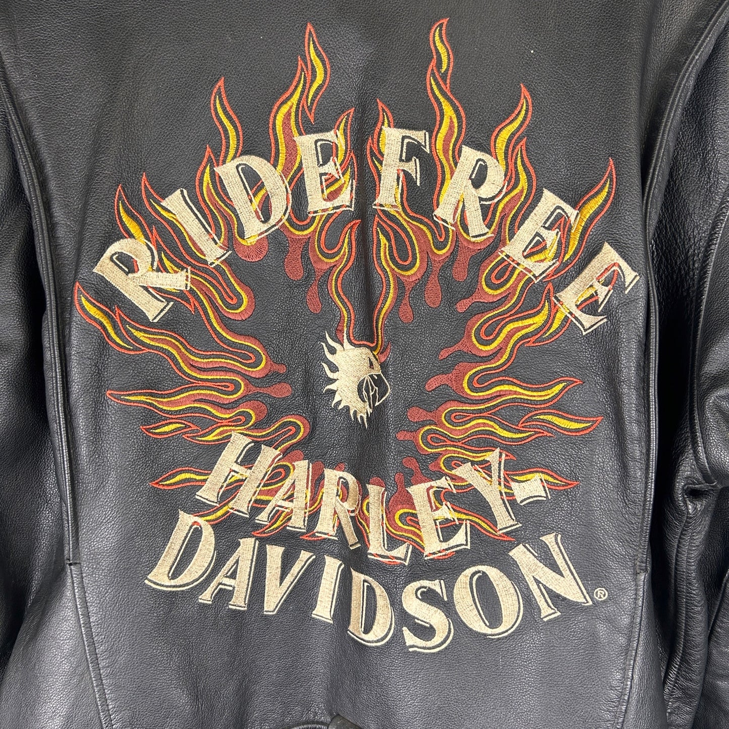 Harley Davidson Embroidered Flame Sleeves Ride Free Large Leather Jacket