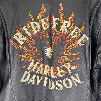 Harley Davidson Embroidered Flame Sleeves Ride Free Large Leather Jacket