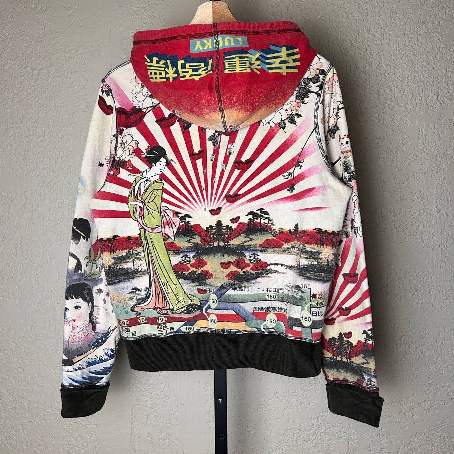 Vintage Japanese Art Lucky Brand Rare AOP Large Zip Up Y2K Hoodie