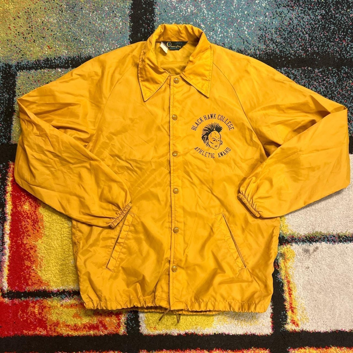 Vintage Champion 1960s Running Man Blackhawk College Large Snap Button Jacket