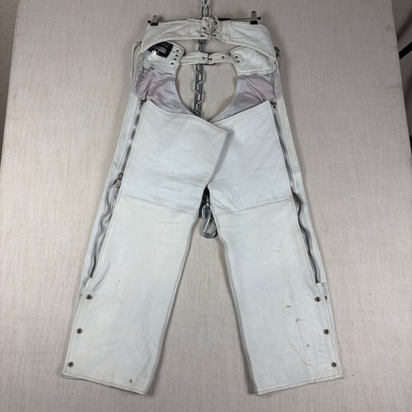 Pro Rider Premium Leather RARE Chaps + Vest Fringe Suede Rose Sz M/L White Set