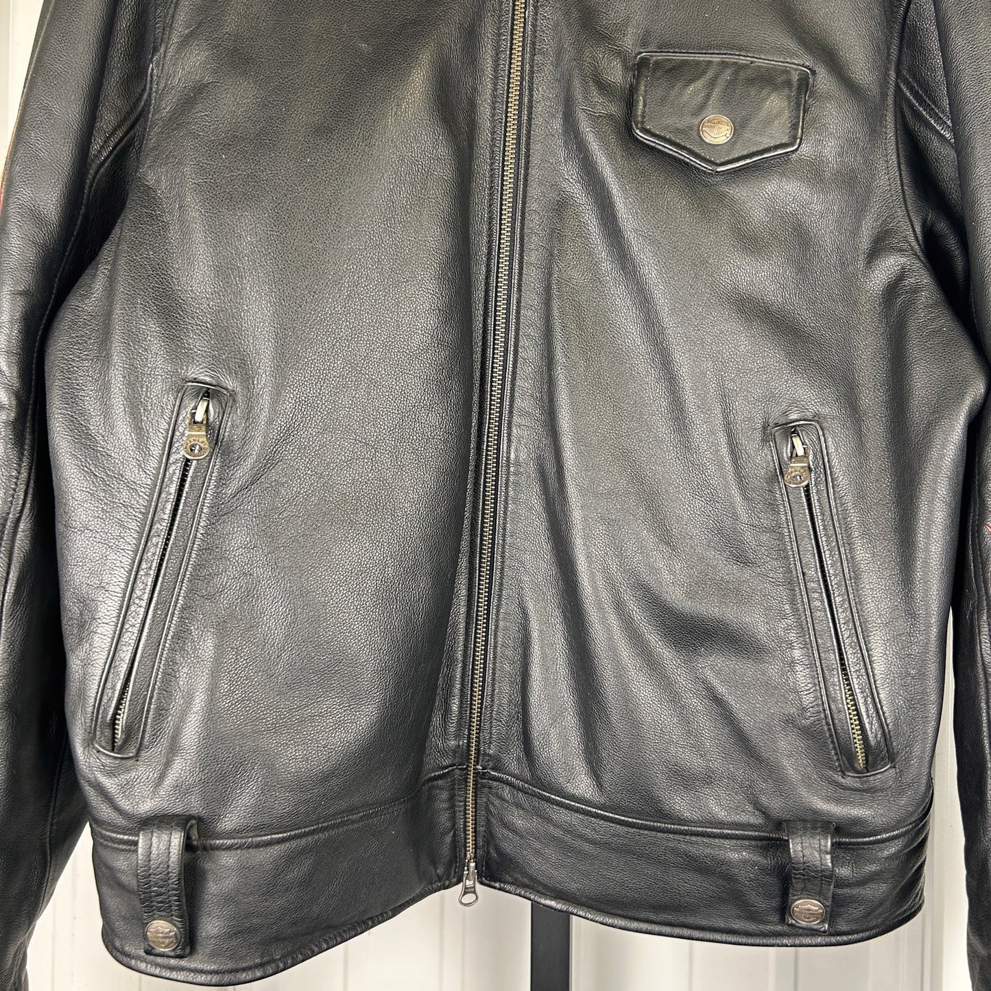 Harley Davidson Embroidered Flame Sleeves Ride Free Large Leather Jacket