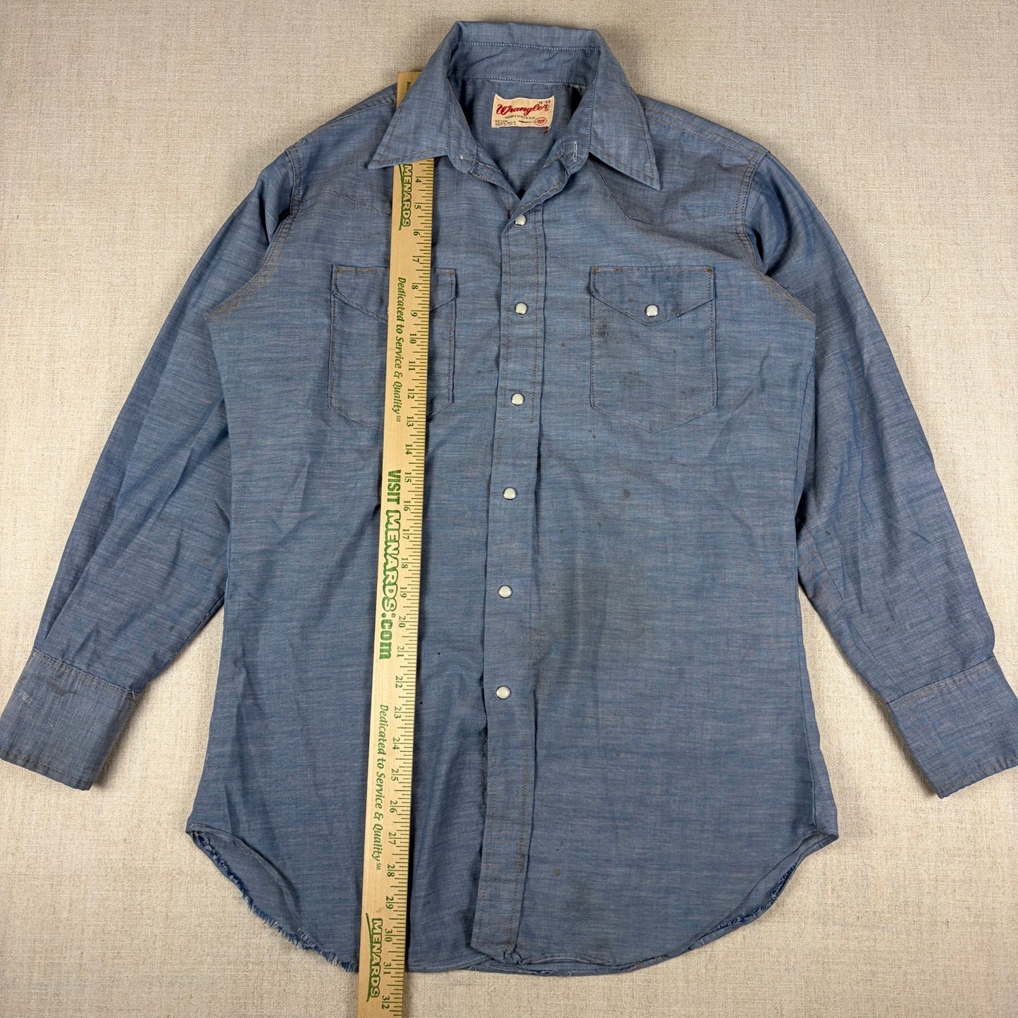 Vintage Wrangler Sanforized Pearl Snap XLong Tail Sz 15-33 Western Chambray