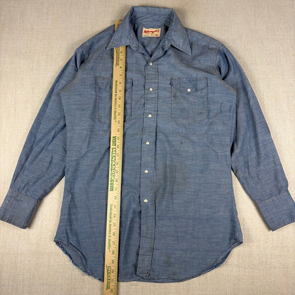 Vintage Wrangler Sanforized Pearl Snap XLong Tail Sz 15-33 Western Chambray