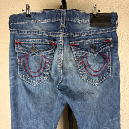 True Religion Ricky Relaxed Straight Sz 38 Dark Wash Distressed Jeans