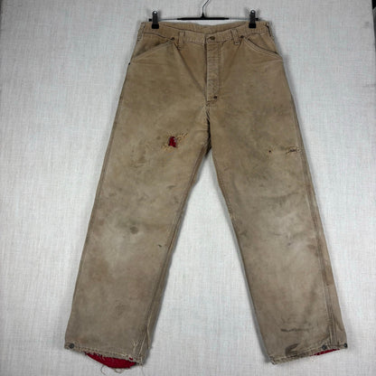Vintage Carhartt Pants 1970s Distressed Tan Duck Canvas Quilted Lined Sz 32