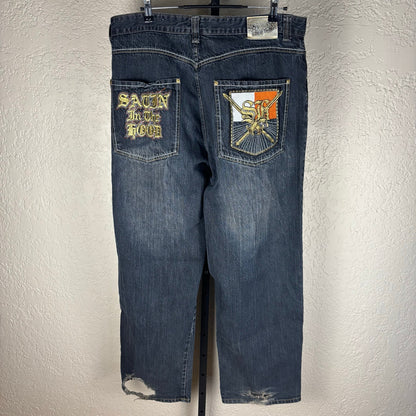 Ed Hardy Style Satin in the Hood Y2K Brand Baggy Embroidered Sz 40 Jeans