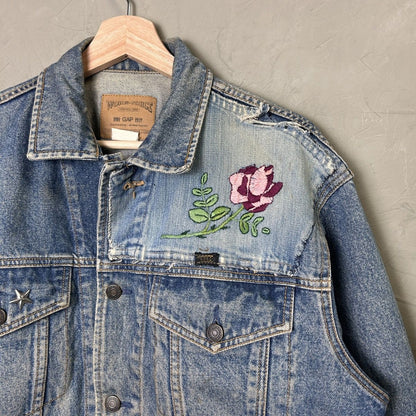 Vintage Gap DIY Embroidered Rose Medium Denim Trucker Jacket