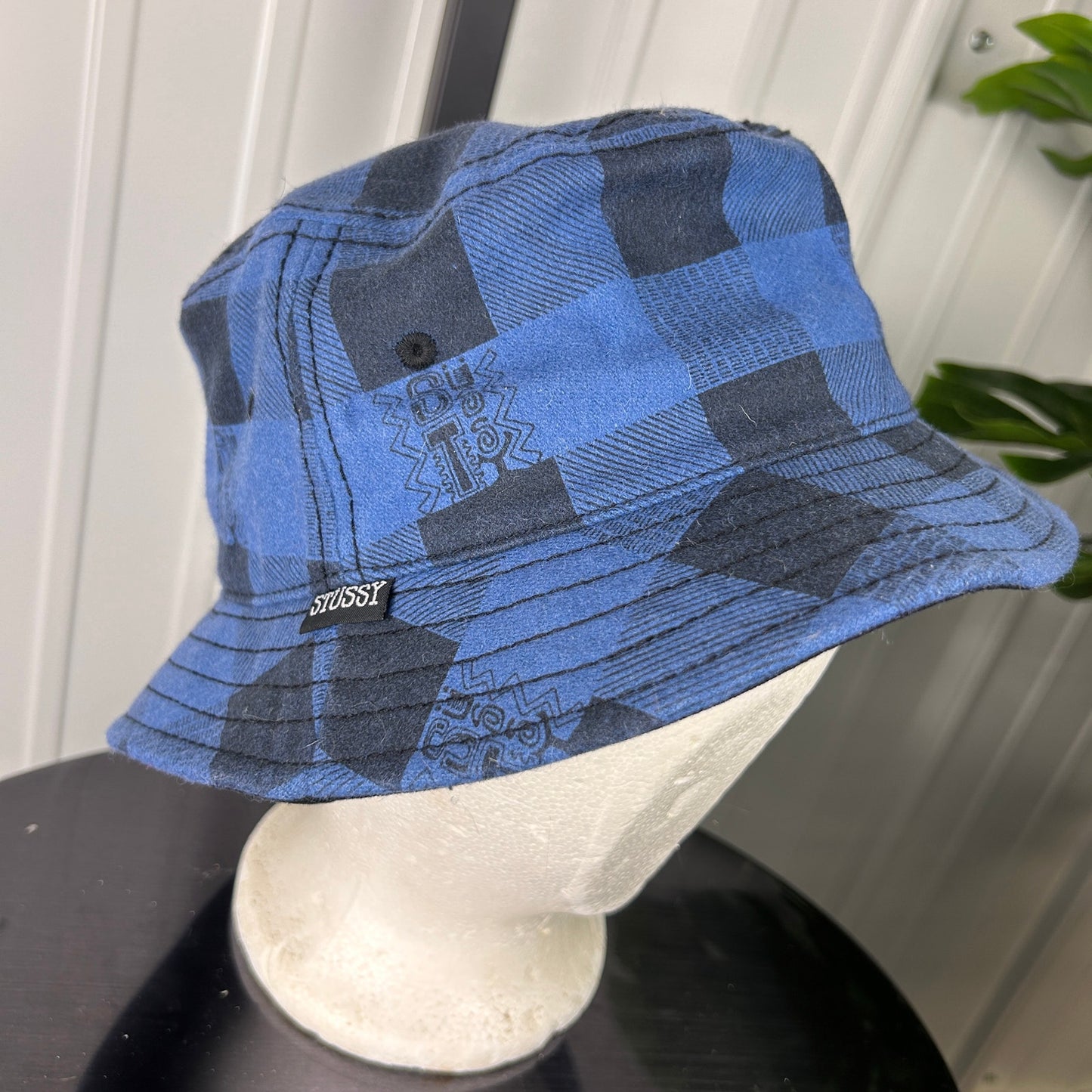 Stussy Headgear Bucket Hat Blue Plaid Authentic Wool Blend S/M