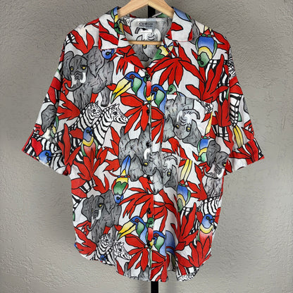 Vintage Hawaiian Avant Garde Rainforest Jungle AOP Crazy Large Button Up