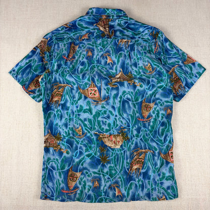 Vintage Hawaiian Loop Collar Rare Vibrant Shimmering Waters Medium Button Shirt